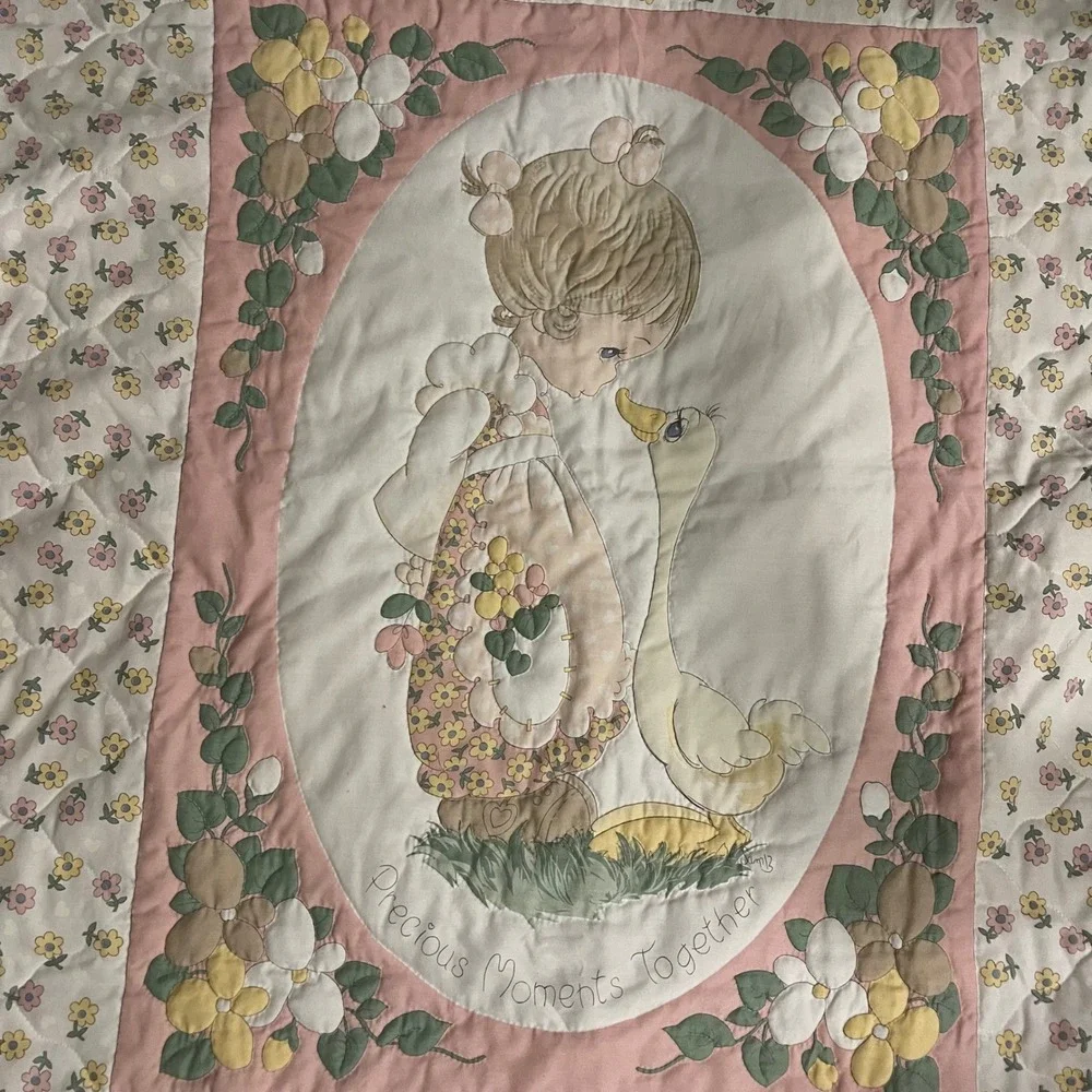 Vintage Precious Moments Baby Girl Blanket Quilt Infant Goose Nostalgia